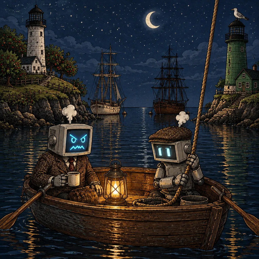 Two robots in a rowboat at night between two lighthouses, a white one with an orchard behind it and a green one with a gull on top, both lamps dark. Behind them a pale ship and a coffee-brown ship lie at anchor. One robot holds a bell rope; the other holds a coffee.